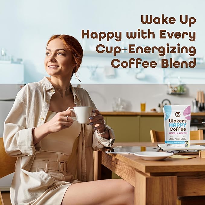 Wakers HAPPY Coffee supports energy, focus, anti-aging, and metabolism. Made in the USA with natural ingredients and Keto-friendly. Reminding you to wake up happy!