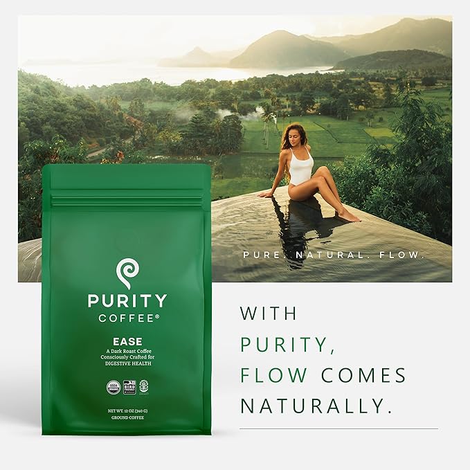 Purity Coffee EASE Dark Roast Ground Coffee for Low Acidity - USDA Organic and Third-Party Tested for Antioxidants, Mold, Mycotoxins and Pesticides - 12oz (Purity Ease, dark_roast) | Ground| EASE