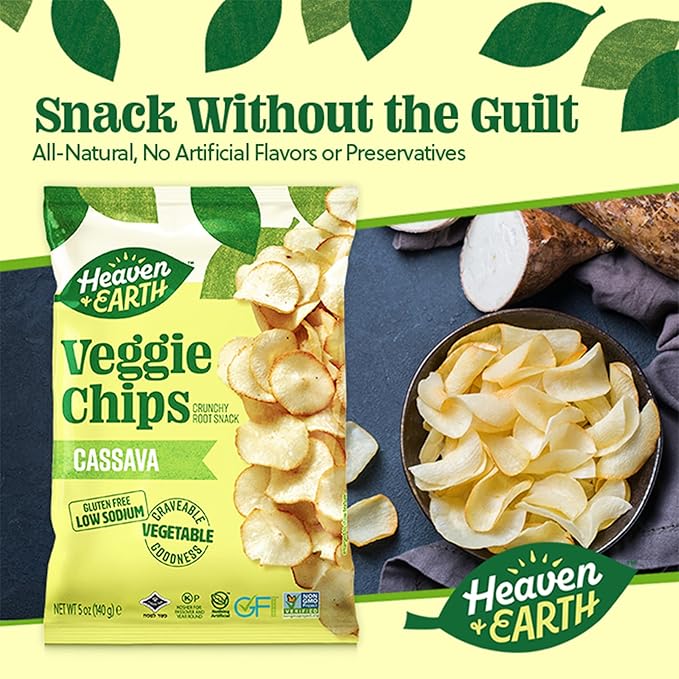 Heaven & Earth Cassava Chips, 5oz (2 Pack) Gluten Free | Non GMO | Low Sodium | Thin & Crisp Root Snack | Kosher