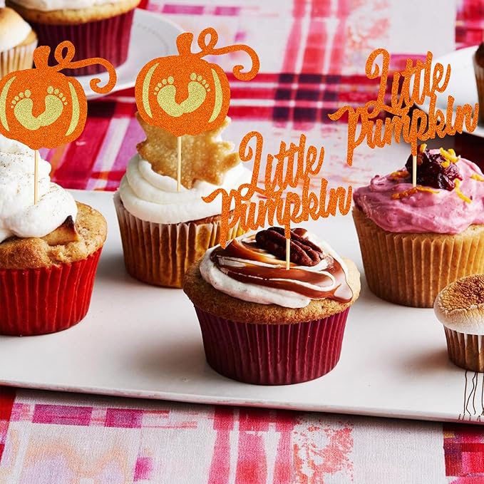 24Pcs Little Pumpkin Cupcake Toppers - Baby Shower Cake Decorations - Baby Feet Pumpkin Cupcake Picks for Thanksgiving Halloween Kids Birthday Party Decorations - Orange Glitter