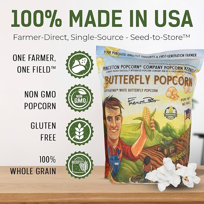 Princeton Popcorn White Butterfly Hulless Popcorn Kernels - Easy-Eating, Baby Small Tender Popping Corn, Non-GMO Popcorn Kernels, No Hulls, No Roundup, Direct from Farmer, Microwave Air Popper or Stovetop 8lb Bag