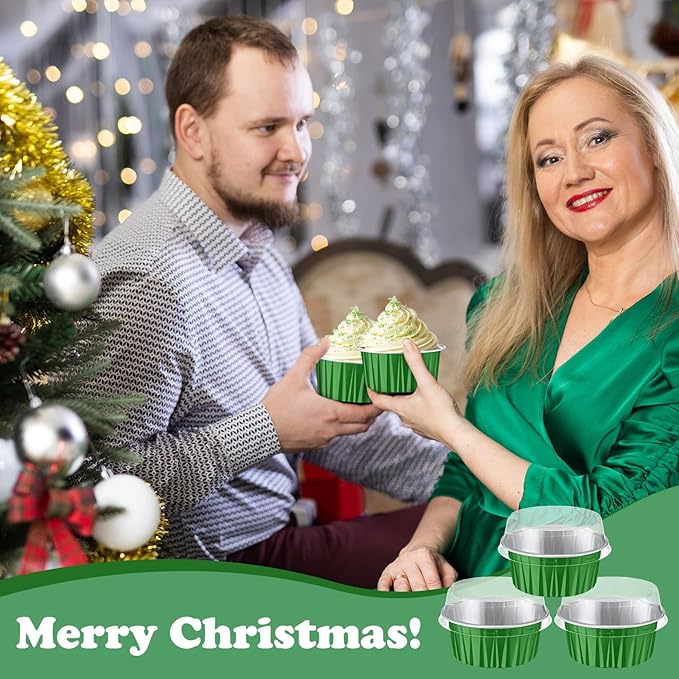 Gejoy 400 Pcs Aluminum Foil Baking Cups with Lids 5 oz Disposable Ramekins Mini Cake Pans Creme Brulee Cupcake Liners Muffin Tins Flan Mold Dessert Container for Wedding(Dark Green,Classic)