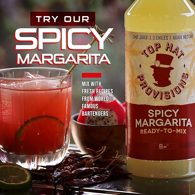 Top Hat Spicy Margarita Drink Mix - Handcrafted with 3 Chiles, Pineapple, Organic Agave Nectar & Organic Lime Juice - Low Calorie/Low Sugar - 32oz Bottle
