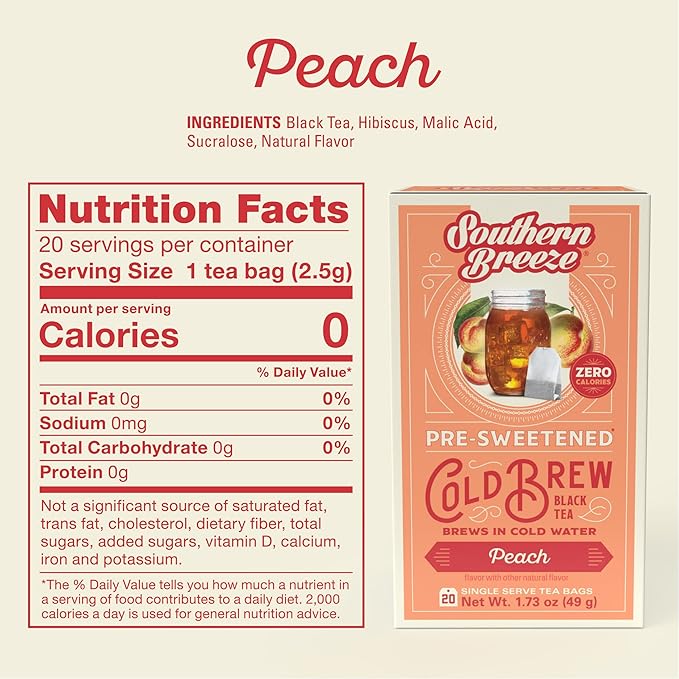 Southern Breeze Cold Brew Sweet Tea Peach Iced Tea with Black Tea and Zero Carbs Zero Sugar, 20 Individually Wrapped Tea Bags Southern Sweet Tea Iced Tea Beverage