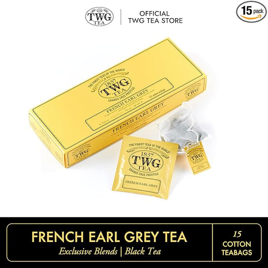 TWG Tea | French Earl Grey | Black Tea | Citrus Fruits & Blue Cornflowers | 15 Hand Sewn Cotton Tea Bags | Gift Set