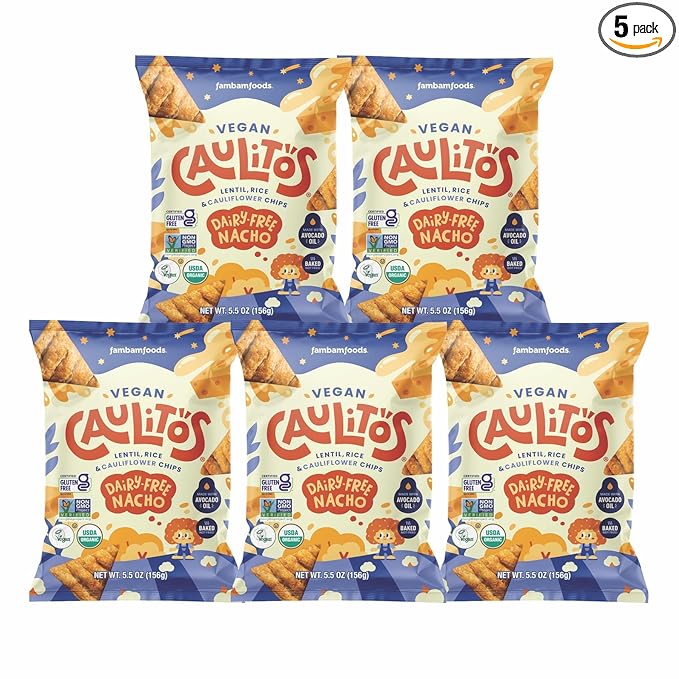 Caulitos ??5 Pack | Lentil, Rice & Cauliflower Chips | Organic, Gluten-Free, Non-GMO, Kosher, Nut-Free, Baked with Avocado Oil (5.5 oz bags, Nacho Cheese)