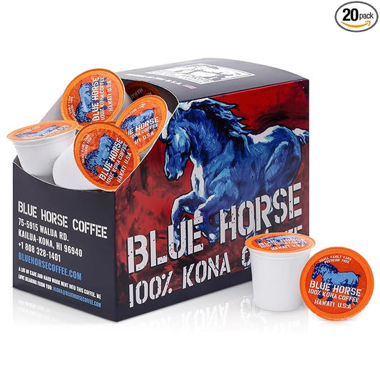 Blue Horse 100% Kona Coffee Pods, Medium Roast, 20ct Single Serve, Compatible with K Cups 2.0, Farm Fresh, Authentic Arabica Beans from Hawaii’s Big Island for a Smooth, Rich Flavor