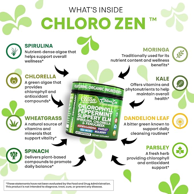 Clean Nutra Chlorophyll Peppermint Slippery Elm Spirulina Chlorella Fenugreek Ashwagandha Sea Moss Supplement ??Ph Balance for Women Detox Internal Deodorant Supplements + Prebiotics 60 Vegan Capsules