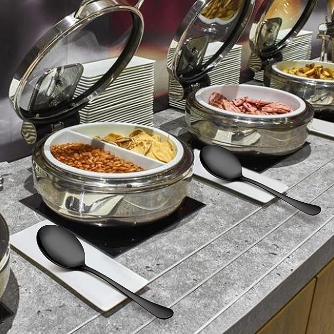 LIANYU Black Serving Spoons Set of 6, 9.8 Inch Stainless Steel Large Dinner Buffet Catering Banquet Serving Spoons, Mirror Finish, Dishwasher Safe