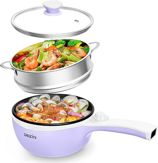 Dezin Hot Pot Electric with Steamer Upgraded, Non-Stick Saut챕 Pan, Rapid Noodles Electric Pot, 1.5L Mini Pot for Steak, Egg, Fried Rice, Ramen, Oatmeal, Soup with Power Adjustment