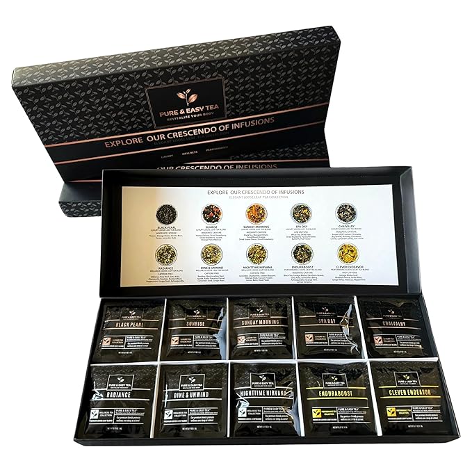 Pure And Easy Tea, Premium Loose Leaf Tea Sampler Set, 30-Count Variety Pack with 10 Herbal & Caffeinated Flavors, Natural Wellness & Luxury Tea Gift Box, 150g
