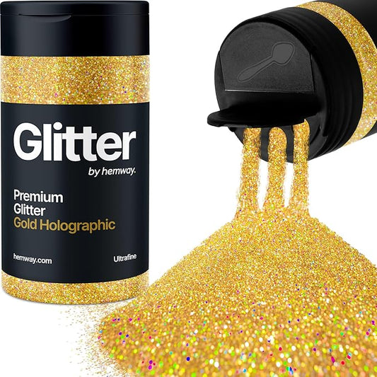 Hemway Premium Glitter Shaker - Gold Holographic | Ultrafine Metallic Flake Sequins for Resin & Epoxy Crafts | Craft Supplies for Tumblers, Festival, Hair, Face, Body, Eye & Nail Art | 130 g