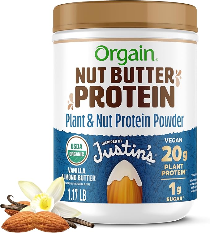 Orgain X Justin's ì§?Organic Vegan Nut Butter Protein Powder, Vanilla Almond Butter- 20g Plant Protein, 1g Sugar, Gluten Free, No Dairy, Soy Ingredients, or Artificial Flavors, 1.17 lb