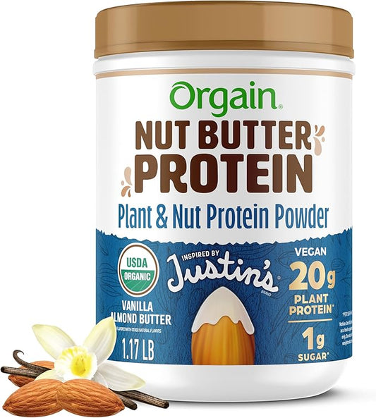 Orgain X Justin's ì§?Organic Vegan Nut Butter Protein Powder, Vanilla Almond Butter- 20g Plant Protein, 1g Sugar, Gluten Free, No Dairy, Soy Ingredients, or Artificial Flavors, 1.17 lb