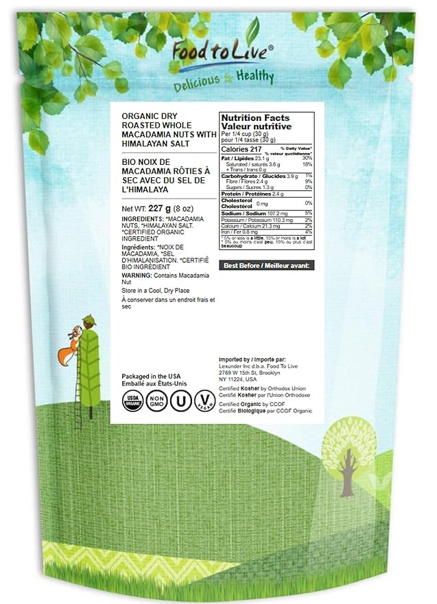 Food to Live Organic Dry Roasted Whole Macadamia Nuts with Himalayan Salt, 8 Ounces – Delicious and Nutritious Snack Made from Premium Non-GMO Nuts