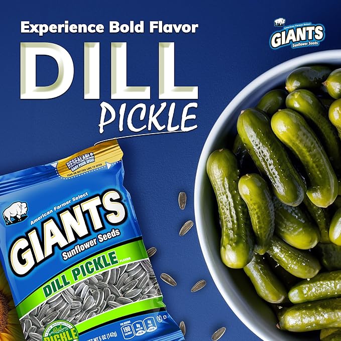 GIANTS Dill Pickle Sunflower Seeds - Sunflower Seeds Bulk, Big Sunflower Seeds to Eat, Roasted Pickle Sunflower Seeds, 8g Protein Per Serving - 5 oz Resealable Bags (Pack of 12)