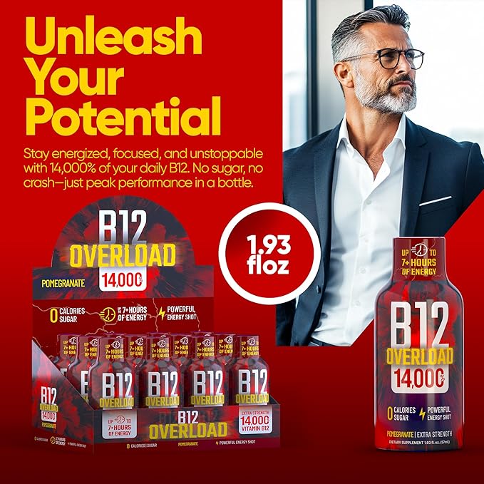 B12 Overload Extra Strength Energy Shot ??Pomegranate ??260mg Caffeine, 14000% B12, Electrolytes ??Energy & Vitality Support ??Zero Sugar No Calories ??Vegan, Kosher, Gluten-Free ??1.93 fl oz, 8-Pack