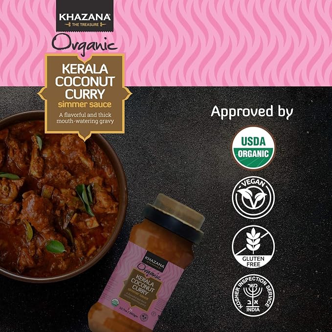 Khazana ORGANIC Kerala Coconut Curry Indian Simmer Sauce - 12.7oz Jars | Non-GMO, Vegan, Gluten Free, Kosher | Authentic Indian Meals Made Easy at Home!