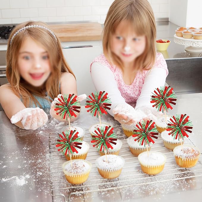 Rsstarxi 30 Pack Firework Cupcake Toppers Birthday Cake Decorations Tinsel Flower Drink Stirrers Cocktail Food Fruit Toothpicks for Valentine's Day Birthday Wedding Party Green