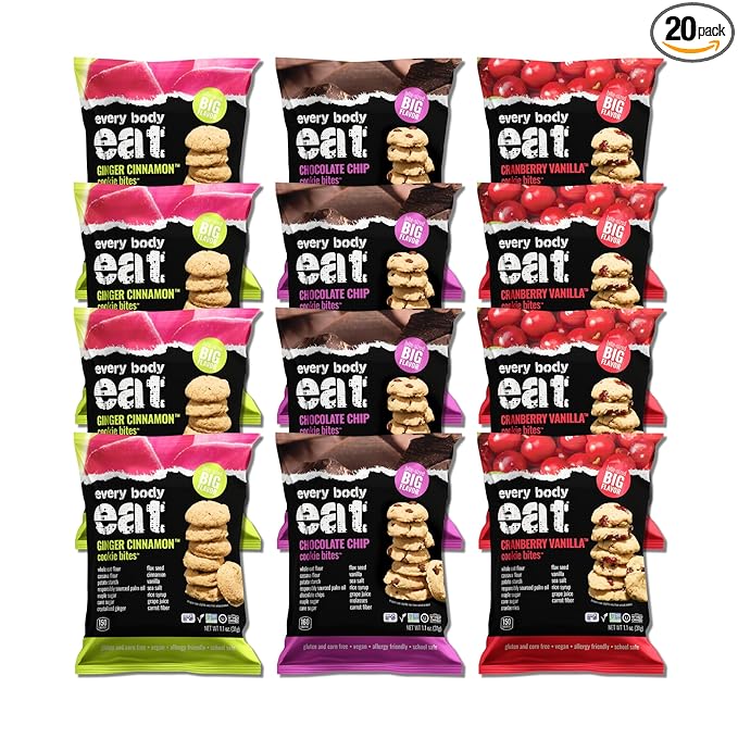 Every Body Eat Crunchy Cookie Bites, Gluten & Dairy Free, Vegan, School Safe Lunch Snacks, Single Serve (Pack of 20) (Variety Pack)
