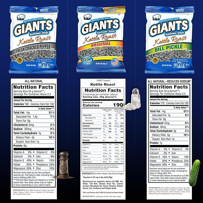 GIANTS Sunflower Seeds Variety Pack - Flavored Sunflower Seeds to Eat, Dill Pickle Sunflower Seeds, Cracked Pepper, Sweet & Salty, 8g Protein Per Serving - 5 oz Resealable Bags (Pack of 3)