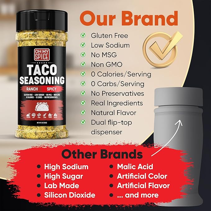 Taco Seasoning Mix Spicy Ranch Seasoning Powder - Gluten Free & Low Sodium Hot Mexican Seasonings Blend for Taco Tuesday Night. Hot Ranch Powder for Fajita & Burrito. Street Tacos Spices Topping. 5oz