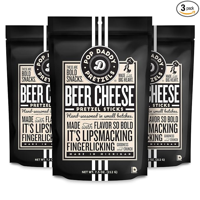 Pop Daddy Flavored Pretzels Sticks, Healthy Gourmet Pretzels Snacks, 7.5oz Individual Bags, 3 Pack, Beer Cheese