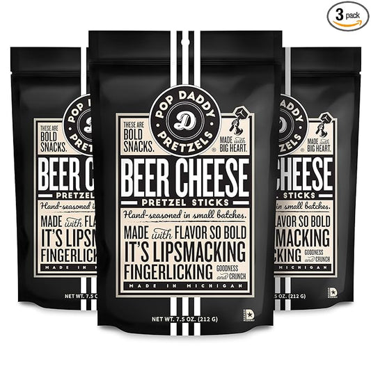 Pop Daddy Flavored Pretzels Sticks, Healthy Gourmet Pretzels Snacks, 7.5oz Individual Bags, 3 Pack, Beer Cheese