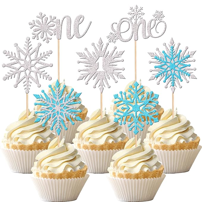 28 PCS One Snowflake Cupcake Toppers Glitter Winter Snowflake 1st Birthday Cupcake Picks First Birthday Snowflake Cake Decorations for Winter Wonderland Theme Baby Shower 1st Birthday Party Supplies