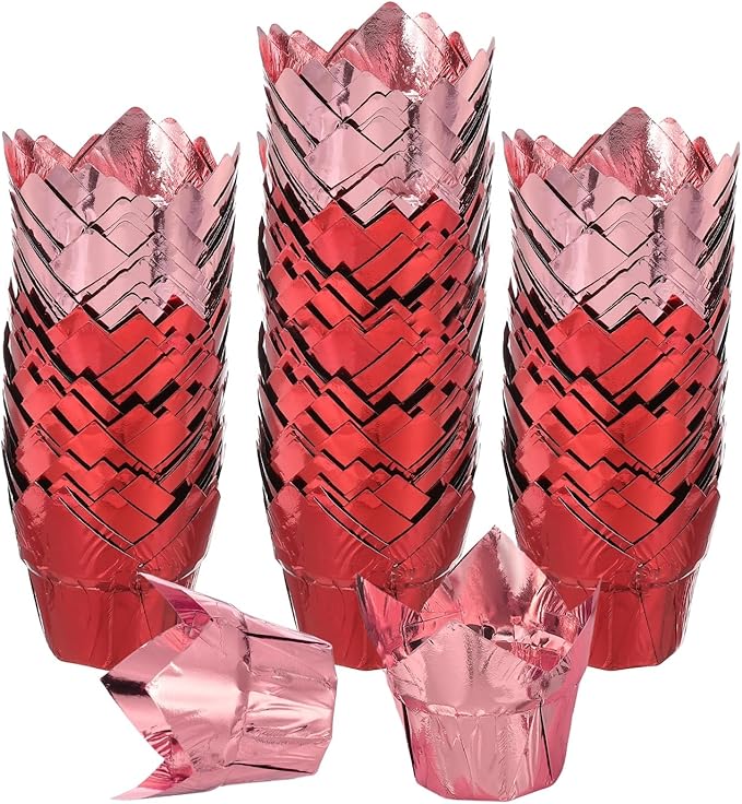 uxcell 100 Pcs Tulip Cupcake Liners, Muffins Liners Aluminum Foil Cupcake Wrappers Baking Cups Muffins Liners for Wedding Birthday Party Supplies, Red/Rose Gold