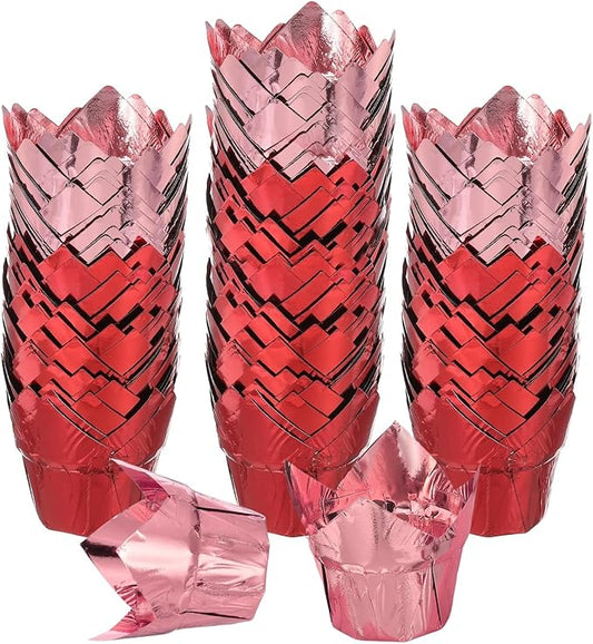 uxcell 100 Pcs Tulip Cupcake Liners, Muffins Liners Aluminum Foil Cupcake Wrappers Baking Cups Muffins Liners for Wedding Birthday Party Supplies, Red/Rose Gold