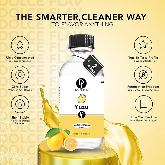 Dolce Flav Natural Yuzu Flavoring ??Bright, Citrusy Japanese Lemon-Grapefruit Taste | 2 oz Extract for Baking, Beverages & Desserts | Graduated Dropper Included | Water-Soluble & Kosher | Made in USA