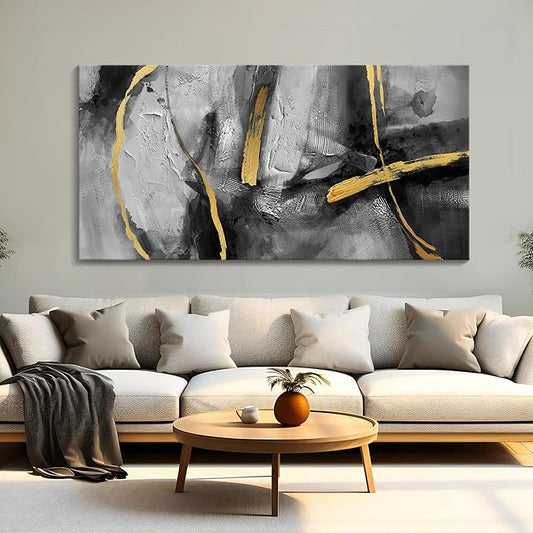Large Black Gray Canvas Wall Art, Hand-Painted Abstract Living Room Wall Decor Dream Golden Shadow Paintings Artwork Prefer Home Bedroom Office Kitchen Dining Room Decor 29x58 In