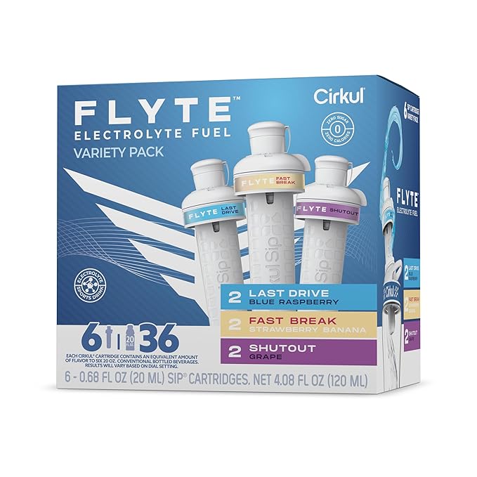 Cirkul Flyte Flavor Cartridge Variety Pack with Electrolytes, 6-Pack (2 Last Drive, 2 Fast Break, 2 Shutout), No Sugar, Zero Calorie Drink Mix