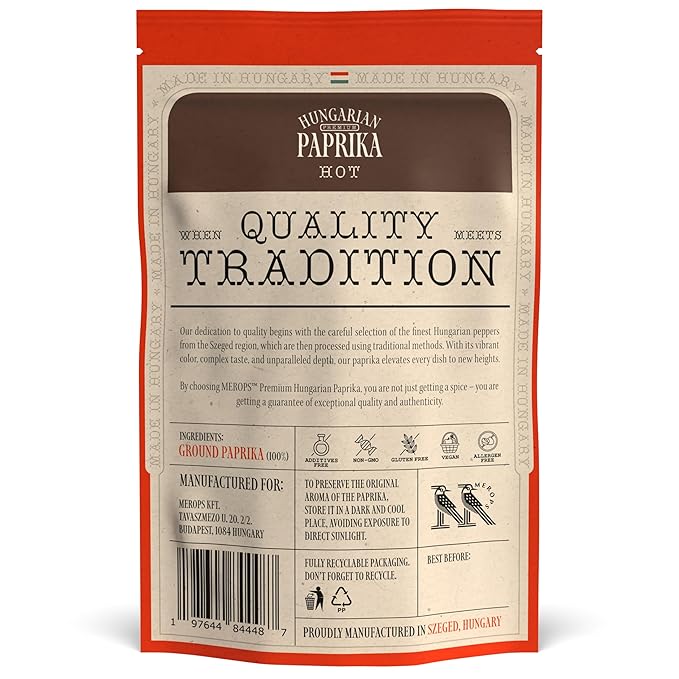 Premium HOT Hungarian Paprika Powder (4 oz) - Non-GMO - Vibrant Deep Red Color - Protected Designation of Origin (PDO): Szeged Region, Hungary - Authentic Seasoning Spice in Resealable Bag by MEROPS