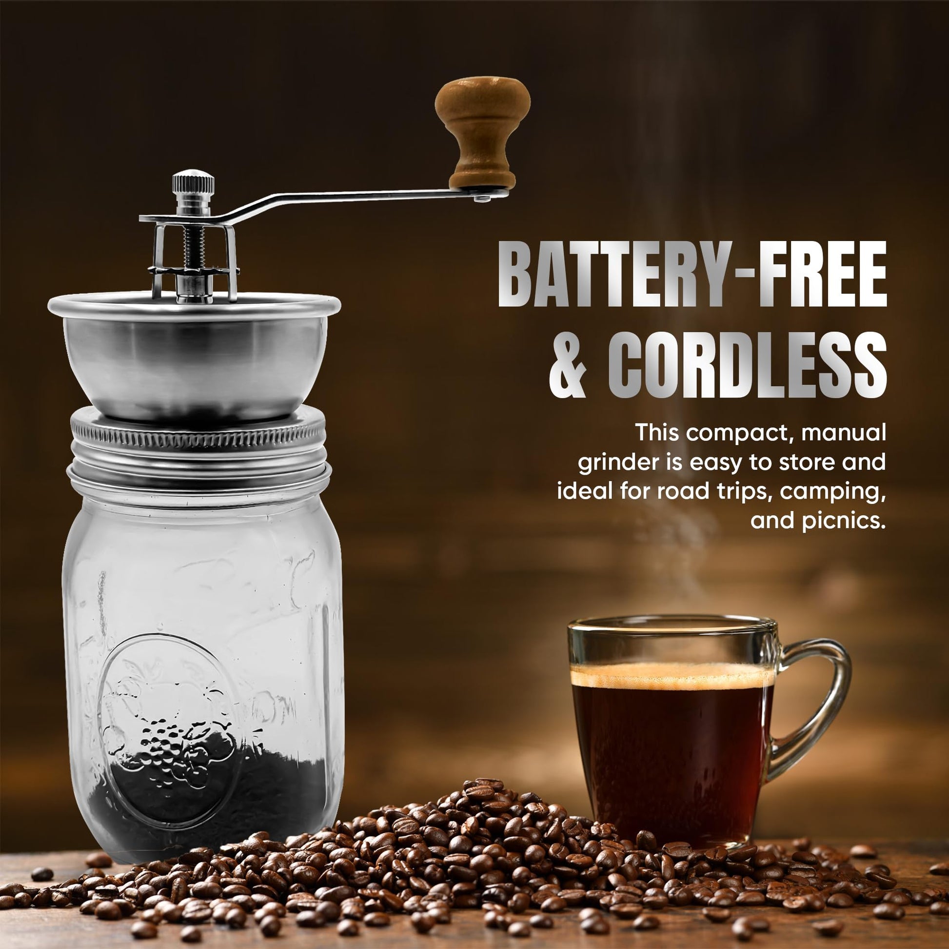 Stainless Steel Coffee Grinder Lid Attachment for Regular Mouth Mason Jars - Manual Crank Burr