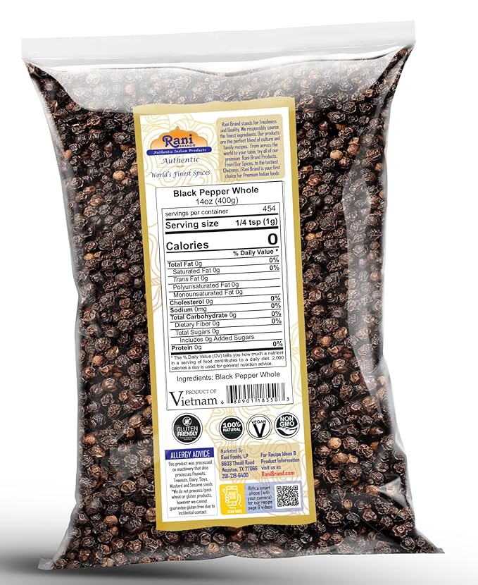 Rani Black Pepper Whole (Peppercorns), Premium MG-1 Grade 14oz (400g) ~ All Natural | Gluten Friendly | Non-GMO | Kosher | Product of Vietnam | Perfect size for Grinders!