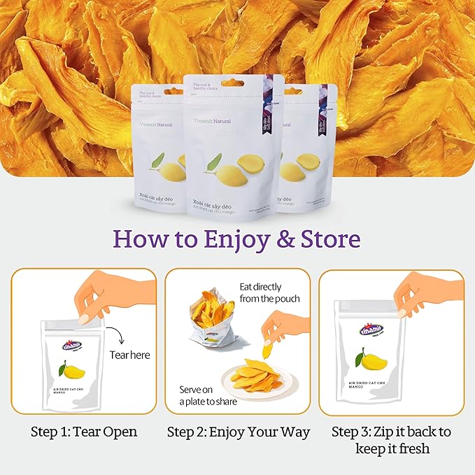 Vinamit Soft Dried Mango | Naturally Sweet Cat Chu Mango Slices | Pack 3 of 3.5 oz Bag | Non-GMO, Gluten-Free & Low Added Sugar | Rich in Potassium | Ideal for Travel, Healthy Snacking