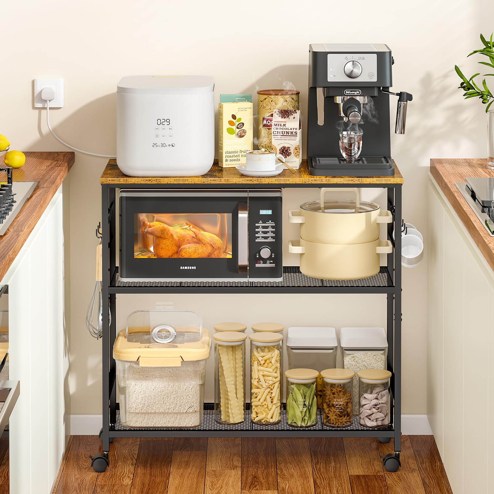 3 Tier Rolling Kitchen Microwave Cart, 33 Inch Microwave Table Stand with Adjustable Shelf, Kitchen