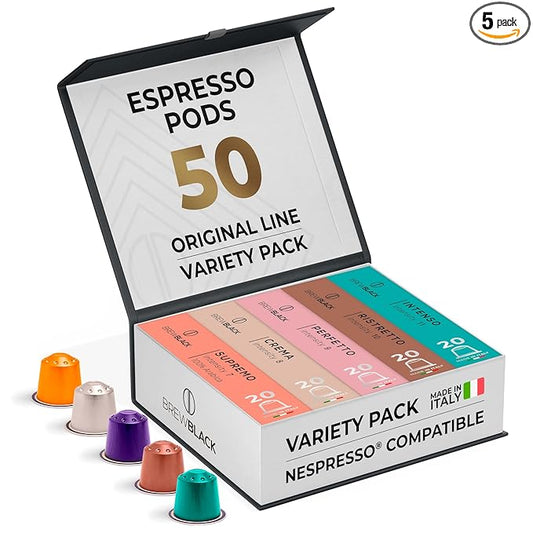 BrewBlack Variety Pack Coffee Capsules - 50 Aluminum Coffee Pods Compatible with Nespresso Original line, Medium and Dark Roast - Made in Italy
