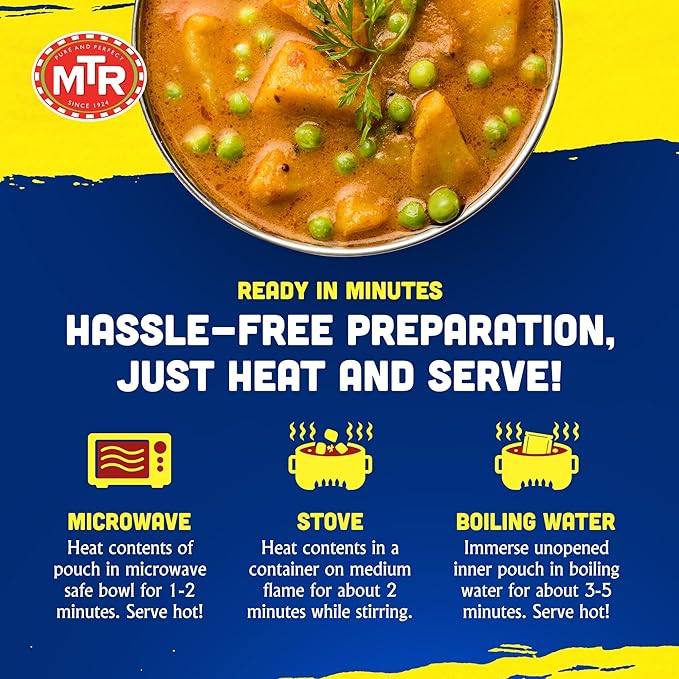 MTR - Minute Meals: Aloo Mutter - Curried Potatoes and Peas - Authentic Indian Ready-to-Eat Meal with No Added Preservatives - A Quick Meal Suitable for Vegetarians, Ready in Minutes! (Pack of 6)