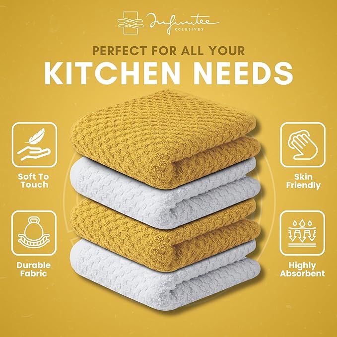 Infinitee Xclusives Premium Dish Cloth 100% Cotton 12 x 12 Inches |Pack of 4|-Ultra Soft Tea Towels - Highly Absorbent Kitchen Rags-Terry Dishcloth for Kitchen and Household Cleaning |Radiant Yellow|