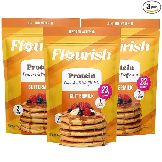 Flourish Protein Pancake & Waffle Mix, with Whey Protein & Flax Seed, No Added Sugar, High in Protein & Fiber - Just Add Water - Buttermilk Flavour, 430g (3 Pack) - Made in Canada