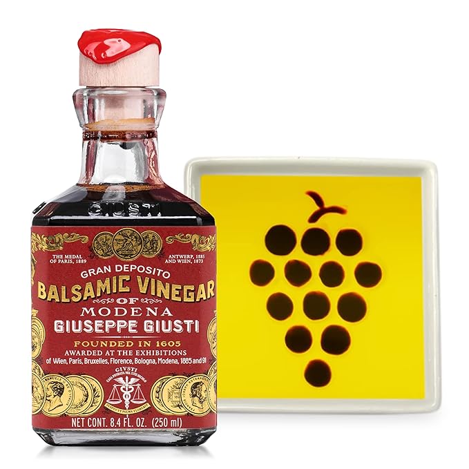 Bellina Gourmet Balsamic Gift Set - Bread Dipping Set with Giuseppe Giusti Balsamic Vinegar of Modena and Bread Dipping Dish with Grape Design, Italian Cooking Gifts from Italy - 8.45 fl oz (250 ml)