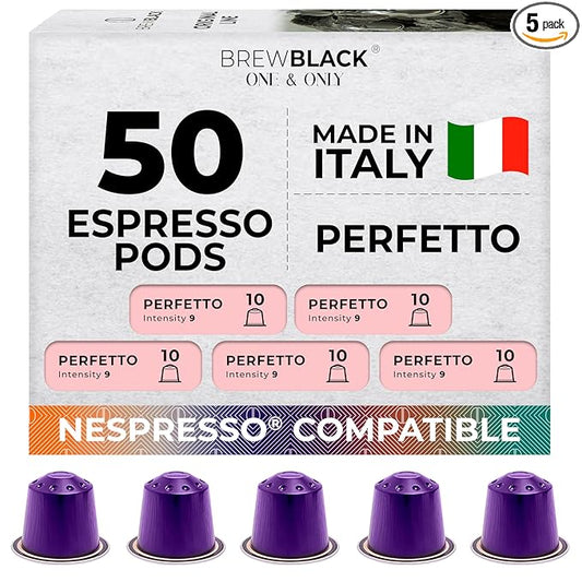 BrewBlack Perfetto Coffee Capsules - 50 Aluminum Coffee Pods Compatible with Nespresso Original line, Medium Roast - Intensity 9/12, Made in Italy