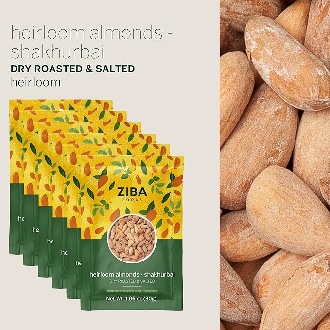 Ziba Foods Heirloom Shakhurbai Almonds | Salted & Dry Roasted Almonds | Non-GMO, Vegan, Gluten Free Whole Almond Nuts | Heirloom, Warm & Nutty | Healthy, Delicious Almond Snacks, Pack of 6