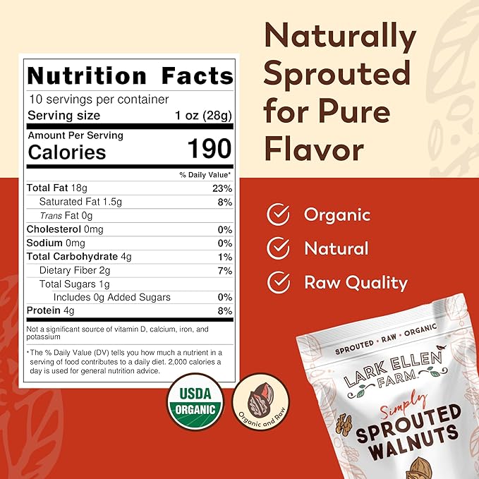 Lark Ellen Farm Organic Sprouted Walnuts ??Raw, Unsalted, Keto-Friendly, Healthy Vegan Snack, Gluten-Free, 10 Oz, 3 Pack