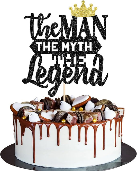 Rsstarxi 1 Pack The Man The Myth The Legend Cake Topper Glitter Happy Father's Day Cake Pick Dad's Birthday Theme Cake Decorations for Happy Retirement Theme Father's Birthday Party Supplies Black
