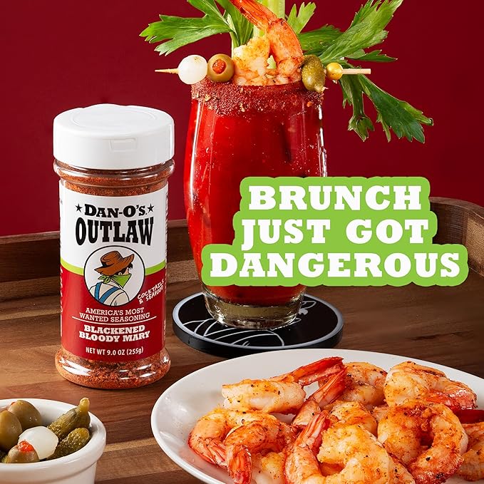 Dan-O's Outlaws Blackened Bloody Mary Seasoning, 9 oz Bottle, All Purpose Seasoning for Chicken, Seafood, Drinks, Veggies and More, Use this Spice Blend to Rim Glasses or Season Snacks