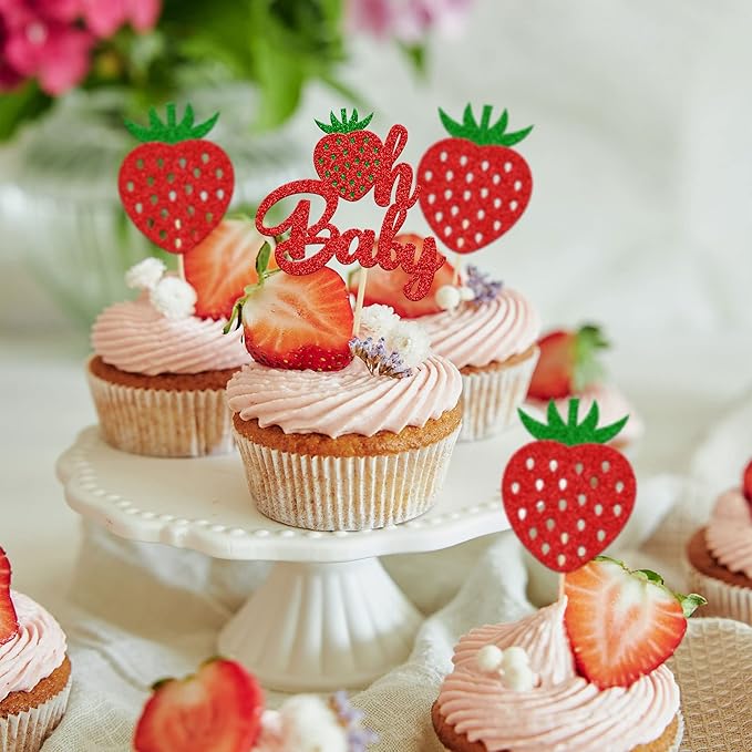 24Pcs Strawberry Oh Baby Cupcake Toppers Glitter Fruit Theme Babyshower Strawberry Cupcake Picks for Gender Reveal Baby Shower Kids Boys Girls Birthday Party Cake Decorations Supplies